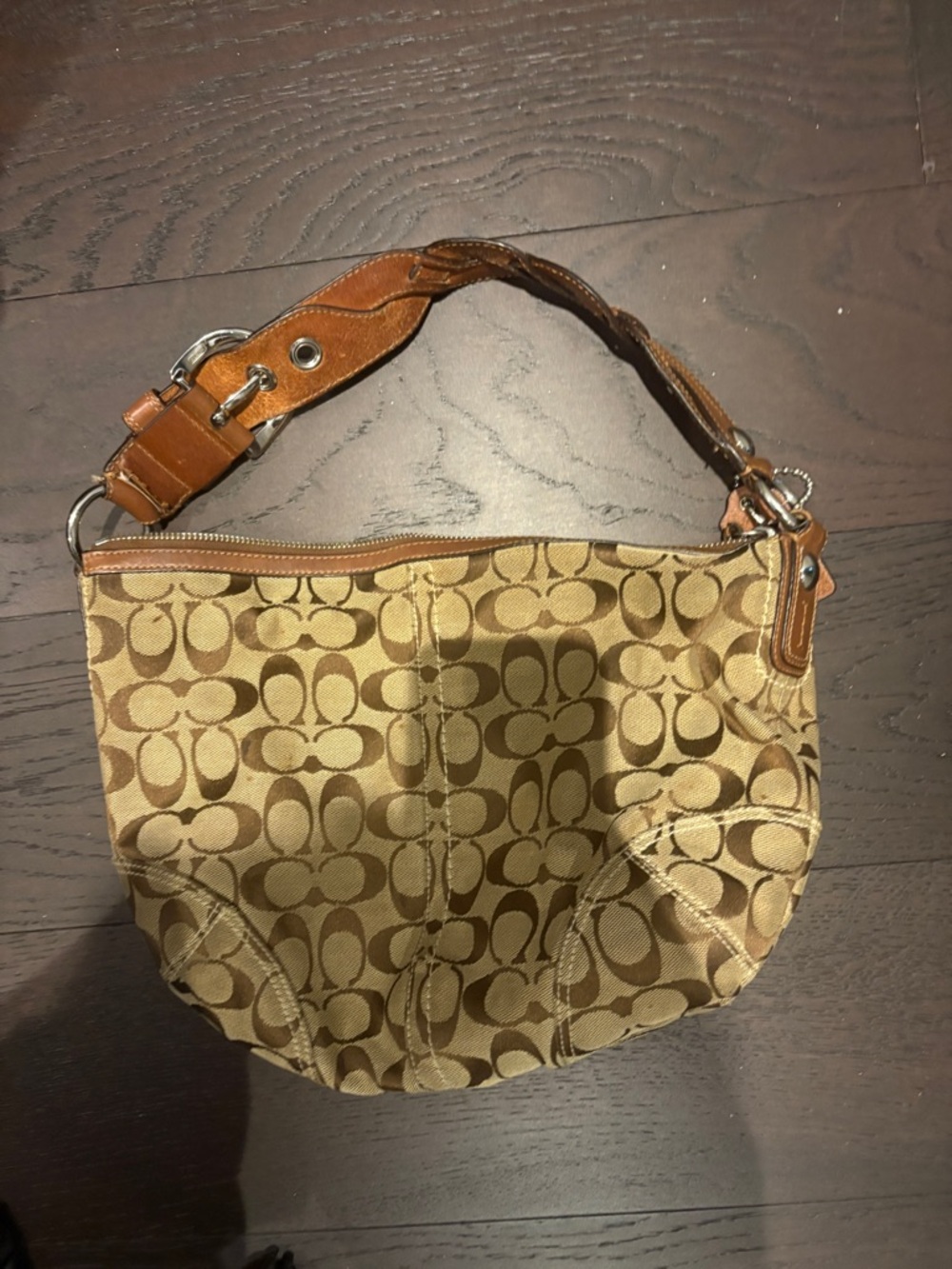 Coach Khaki and Brown Signature Canvas Hobo